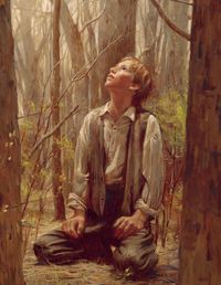 Painting of a young boy kneeling looking up at a grove of trees.   At the center of the painting is a young boy (age 14) kneeling.  His hands are resting on his thighs and he looks up at a light source above his head.  The boy wears grey trousers (with suspenders) and grey vest and an off-white shirt.  The shirt has a collar and two button placket at the front and the sleeves are rolled.  The young boy had blond hair that is slightly rumpled.  The background his a grove of trees, almost all with no leaves.  There are some low saplings immediately behind the boy.  The foreground has rocks, twings and small plants sprouting.  "Walter Rane 04"  appears in the lower right corner in red.
