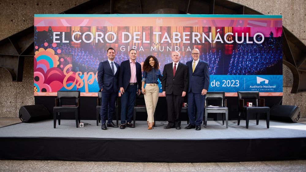 Prominent performers and members of The Tabernacle Choir at Temple Square participate in a press conference in Mexico, City on June 6, 2023.