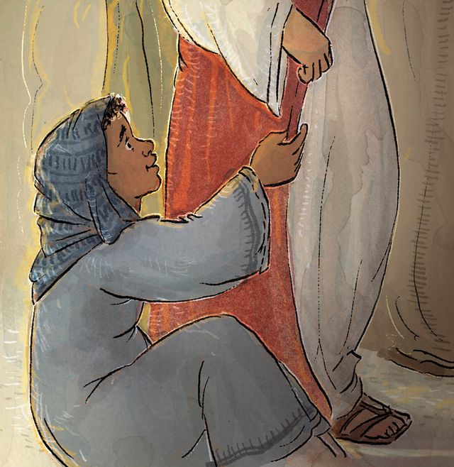 5 panels depicting the story of Jesus Healing the Women with an issue of blood. There is also an illustration depicting a mondern day application.