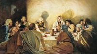 Jesus Christ seated at a table with His apostles. The apostles are watching Christ as He breaks bread and offers it to them in remembrance of His body and blood. The painting depicts the institution of the Sacrament at the Last Supper.