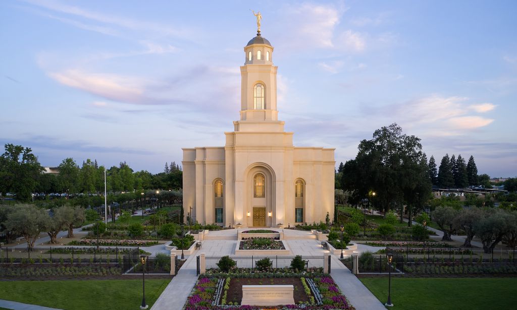 Exterior images of the Feather River California Temple. Images show the temple surrounded by the grounds and gardens.  