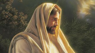 Jesus Christ depicted teaching a Samaritan woman at a well. Christ is portrayed sitting on the edge of the well. The woman is seated on the ground before Him.