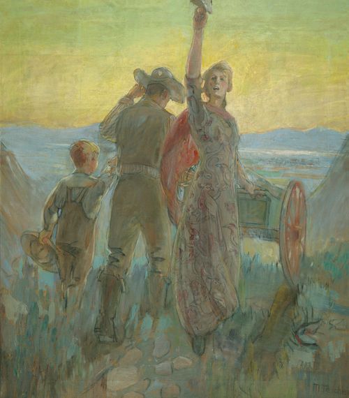Pionniers tirant des charrettes à bras, tableau de Minerva Teichert