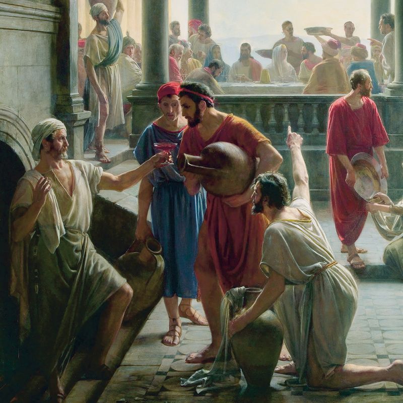 Jesus Cristo realiza o milagre de transformar água em vinho