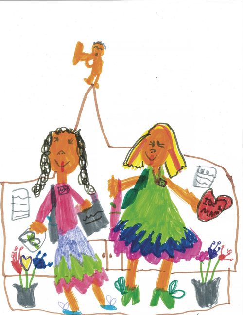 A child's drawing of 2 girls wearing colorful dresses. There are pots of flowers on each side of them.
