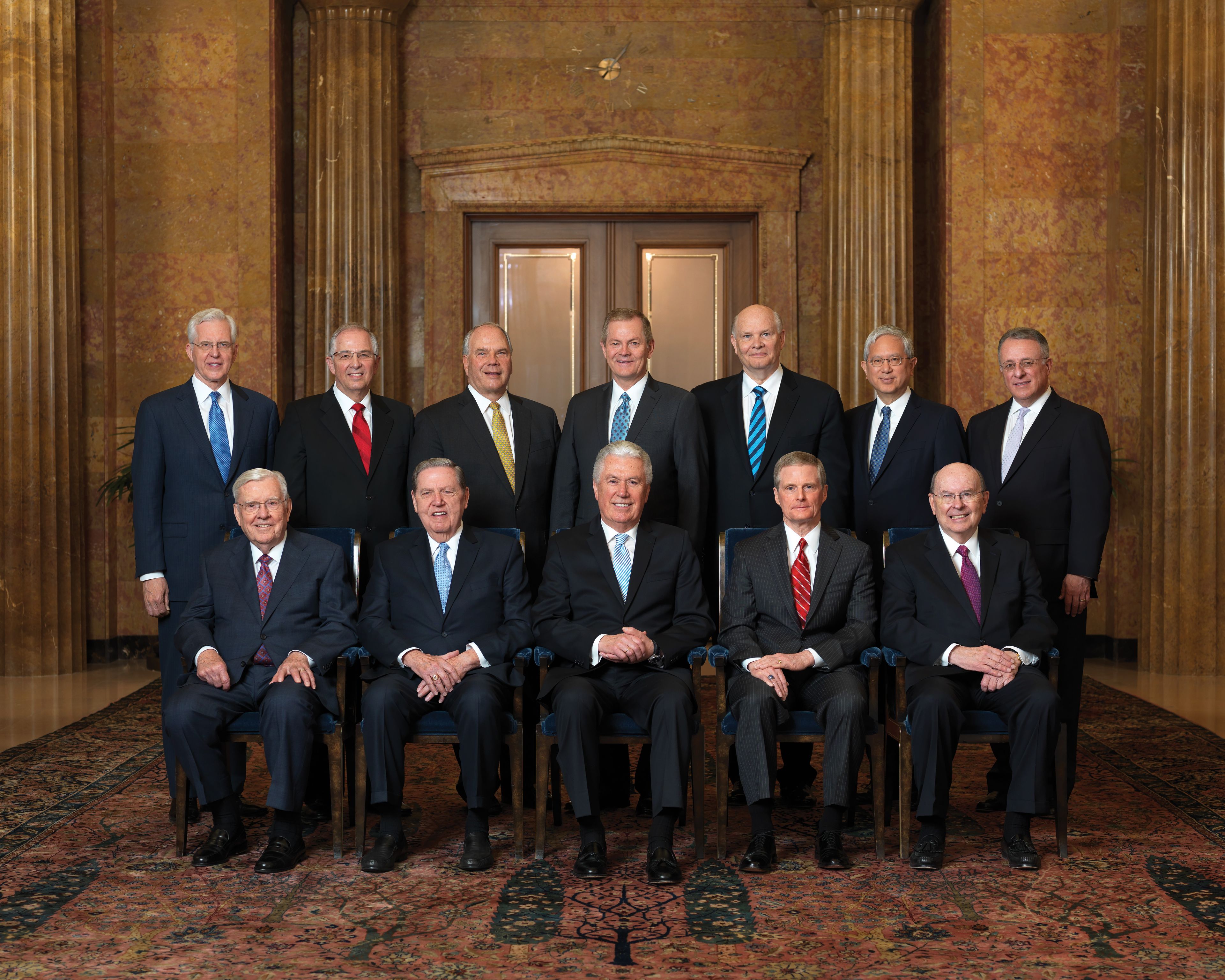 The official group portrait of the Quorum of the Twelve Apostles of The Church of Jesus Christ of Latter-day Saints, photographed April 2018. Front row, left to right: President M. Russell Ballard and Elders Jeffrey R. Holland, Dieter F. Uchtdorf, David A. Bednar, and Quentin L. Cook. Back row, left to right: Elders D. Todd Christofferson, Neil L. Andersen, Ronald A. Rasband, Gary E. Stevenson, Dale G. Renlund, Gerrit W. Gong, and Ulisses Soares.