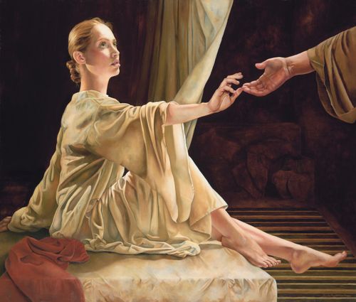 Artwork of Tabitha extending her hand as Peter raises her from the dead.