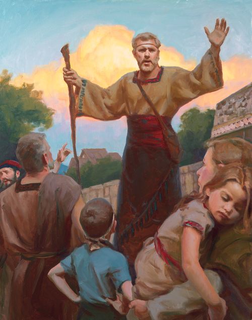 A painting by Michael T. Malm depicting Alma standing and holding a wooden staff while preaching to a group of people.