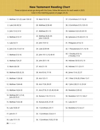 Page from the January 2023 Friend Magazine. New Testament Reading Chart