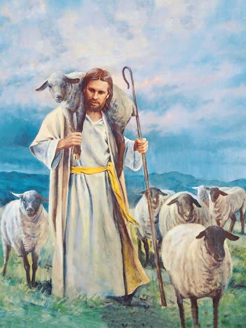 Painting depicts Jesus as the Good Shepherd by carring a lamb on his shoulder with a shepherd's crook in His hand.