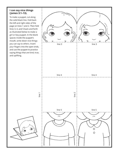 A puppet activity illustrated with a boy and a girl, with space between their heads and bodies.