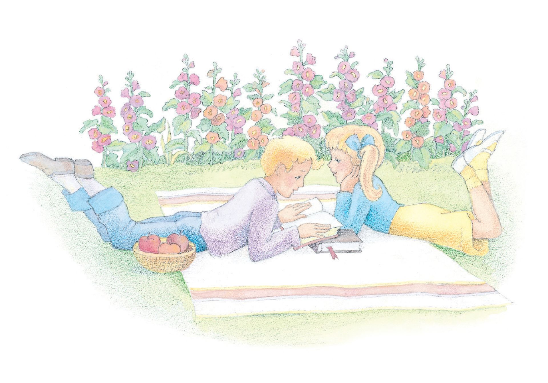 Two children lie in a garden and read from the scriptures. From the Children’s Songbook, page 114, “The Books in the Old Testament”; watercolor illustration by Phyllis Luch.