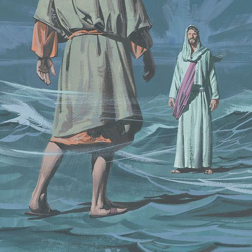Peter walking on water toward Jesus
