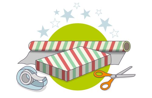 gift with wrapping paper, scissors, and tape