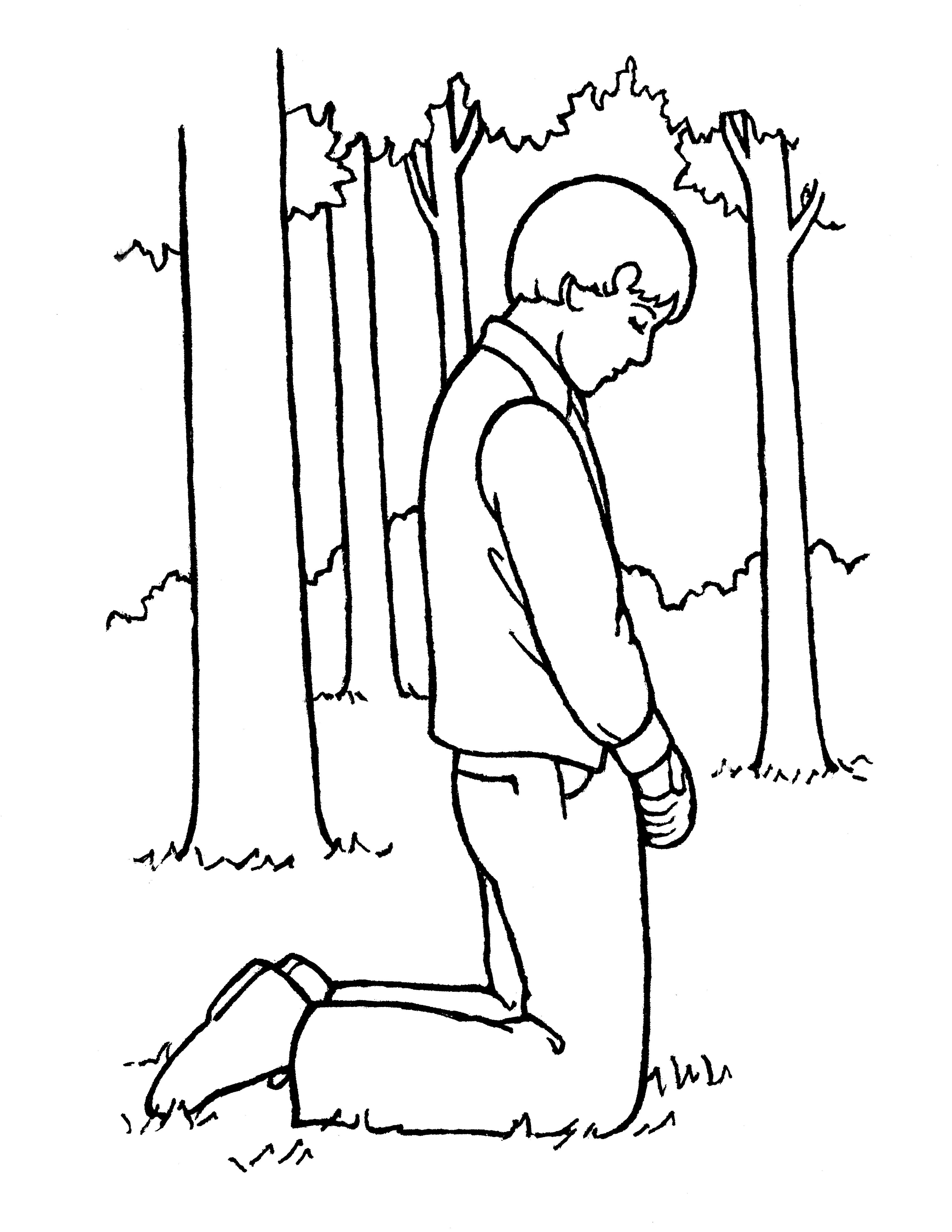 An illustration of Joseph Smith praying in the Sacred Grove prior to the First Vision, from the nursery manual Behold Your Little Ones (2008), page 91.
