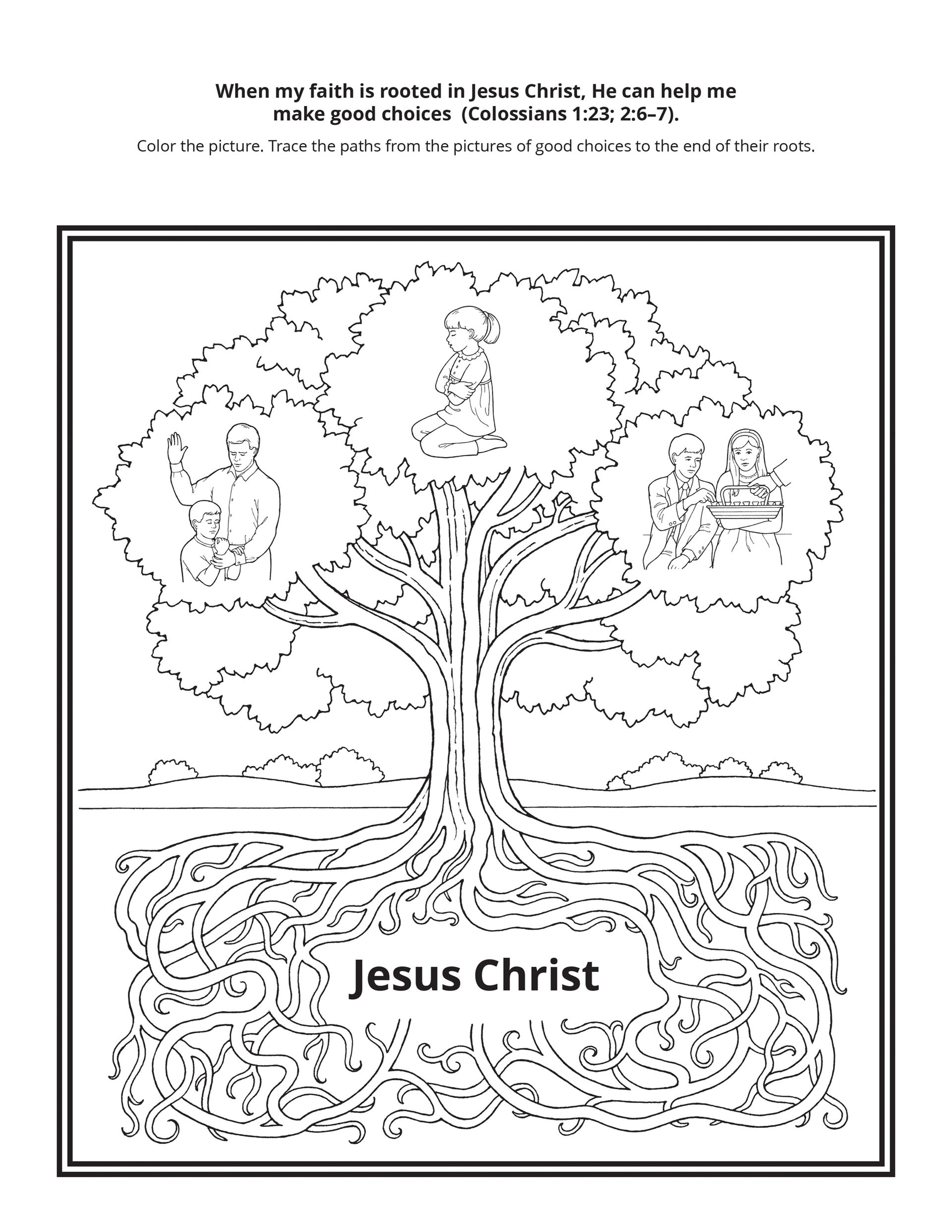 An illustration of a tree with images of prayer, baptism, and the sacrament.