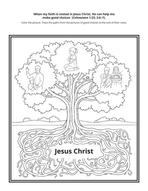 Artwork depicting a tree with pictures of prayer, baptism, and the sacrament.