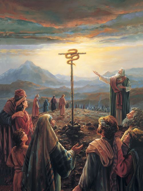 The Old Testament prophet Moses pointing to a staff with a brass serpent attached to the top.  The painting illustrates the event wherein Moses promised the Israelites that they would be saved from the fiery serpents if they looked at the brass serpent.
