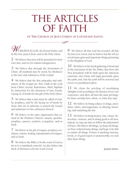 A white poster with black and red text of all 13 articles of faith.
