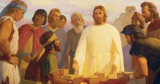 Kristus og mennesker på det amerikanske kontinent ser på gullplater