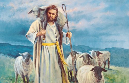 A painting by Del Parson depicting Christ walking with a lamb on His shoulders.