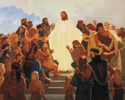 A painting of the resurrected Jesus Christ appearing to the Nephites and Lamanites.