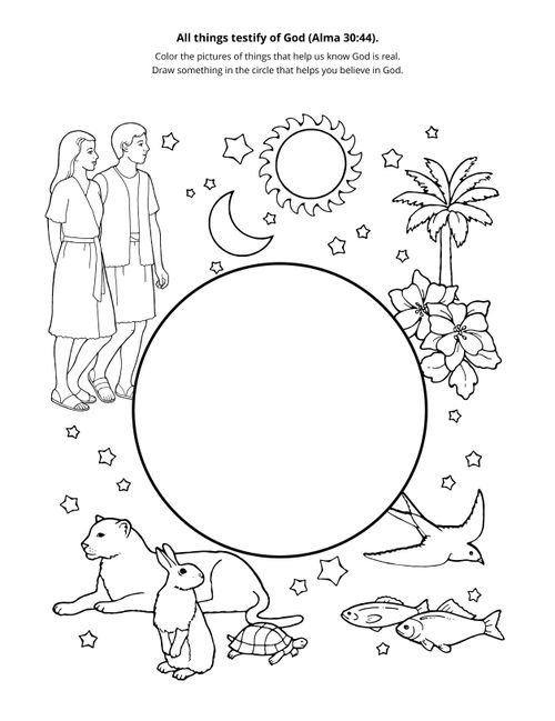 Line art depicting Adam and Eve and the Creation of the world with the text “All things testify of God.”