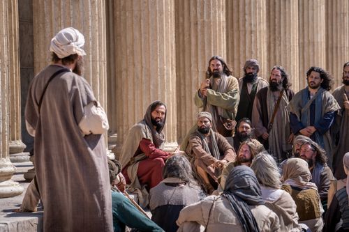 Jesus Christ teaches a small group near Jerusalem. With him are Thomas, Simon, Peter, Philip, Andrew, John, James, Matthew, Bartholemew, Thaddeus, James, and Judas.