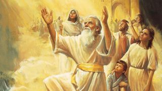 A painting by Del Parson showing Enoch surrounded by the people of his city on a large cloud being raised into the air.