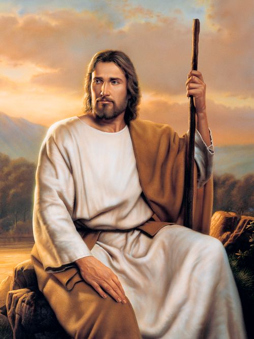 Jesus Christ portrayed seated near a river. Christ is holding a shepherd’s staff in His hand. There are trees growing along the banks of the river.