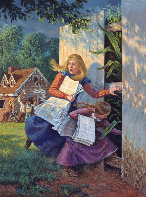 A painting by Clark Kelley Price of the sisters Mary and Caroline Rollins carrying the Book of Commandments while escaping from the mob through a gap in a fence to a cornfield.