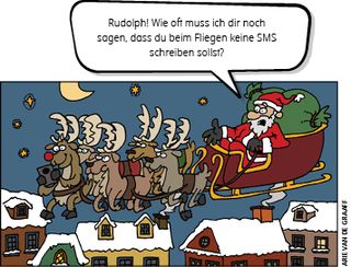 Weihnachtsmann fliegt im Schlitten mit Rentieren