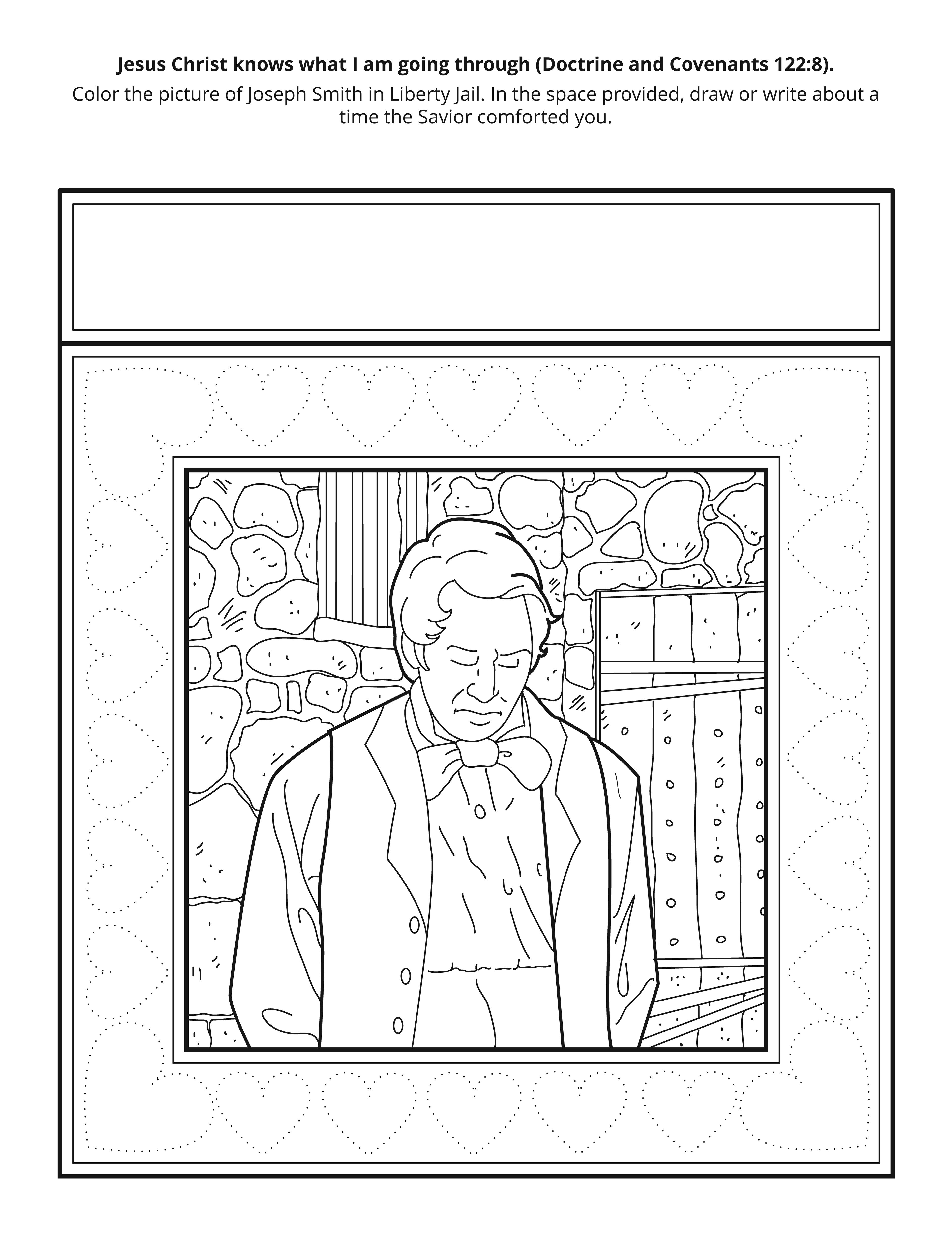 Coloring picture depicting Joseph Smith in Liberty Jail. © undefined ipCode 1.