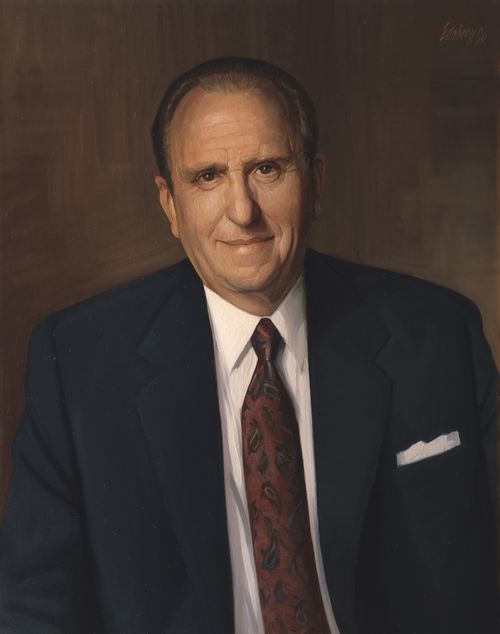 A painted portrait by Knud Edsberg of President Thomas S. Monson in a blue suit and red tie.