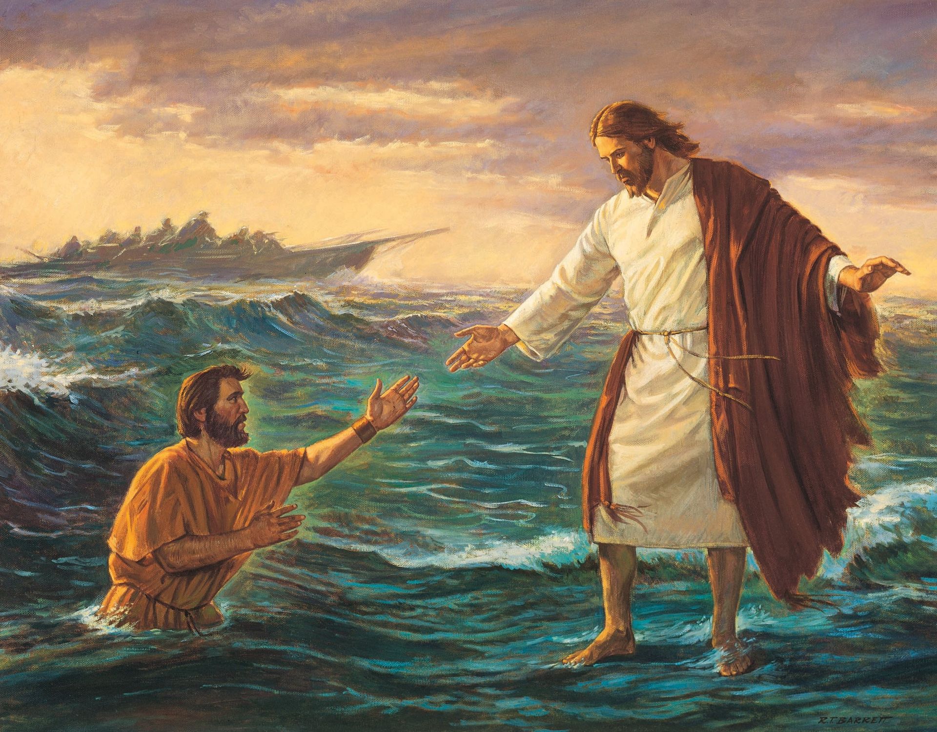Cristo caminando sobre el agua, por Robert T. Barrett; Las Bellas Artes del Evangelio 243; Manual de la Primaria 7-17; Mateo 14:22–33; Marcos 6:45-51