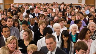 A congregation singing.