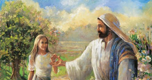 Jezus reikt een vrouw de hand