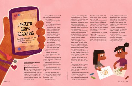 Page PDF of a hand holding a cell phone and two girls drawing together