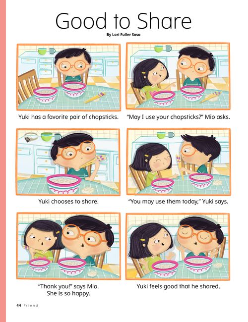 Page PDF of a comic-style story of a boy sharing his chopsticks with his younger sister