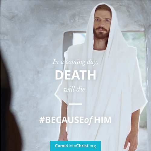 An image of Christ in the tomb coupled with the text: "In a coming day, death will die."