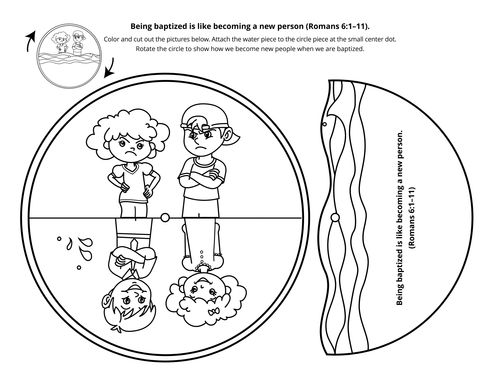 A line-art drawing of a girl and boy with sad and happy faces, demonstrating becoming a new person through baptism.