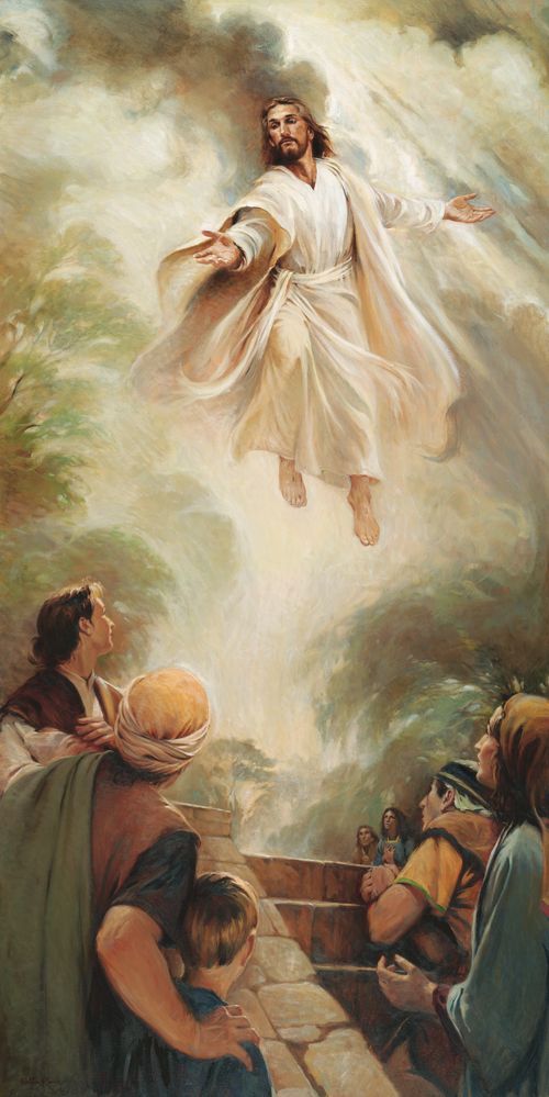 A painting of the resurrected Jesus Christ descending from the heavens as He appears to the Nephite nation.