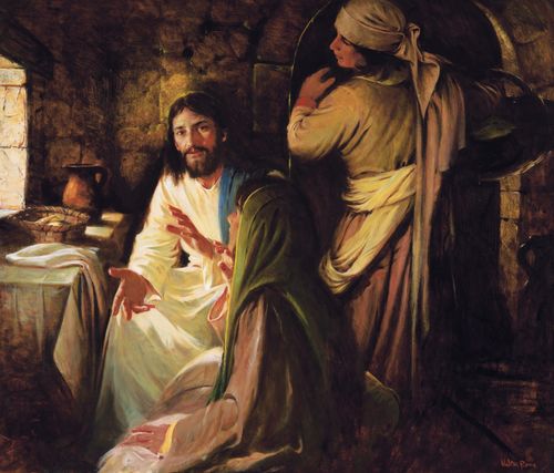 An illustration of Christ sitting in the home of Mary and Martha. Mary is listening to Christ as Martha is holding a tray.
