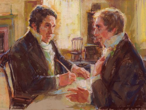 Painting depicts Joseph Smith dictating revelation to Thomas Marsh to be humble.