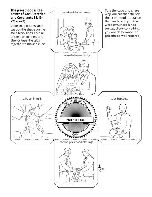 Line art illustration is a paper-folding activity that depicts use of the priesthood in life.