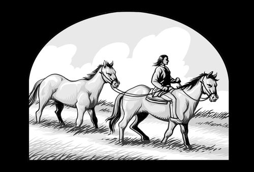 Un hombre montado a caballo conduce de las riendas a otro caballo