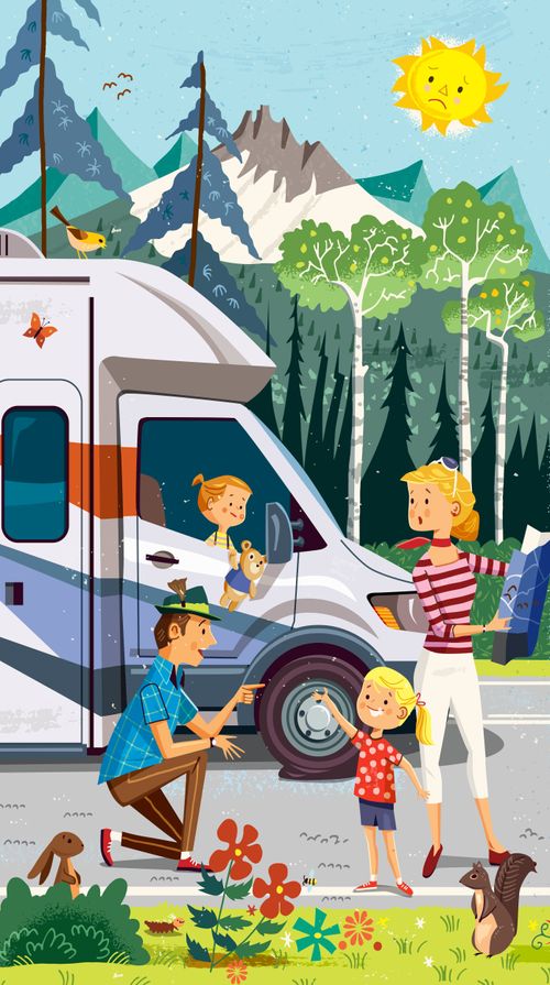 Family looking at flat tire on camper