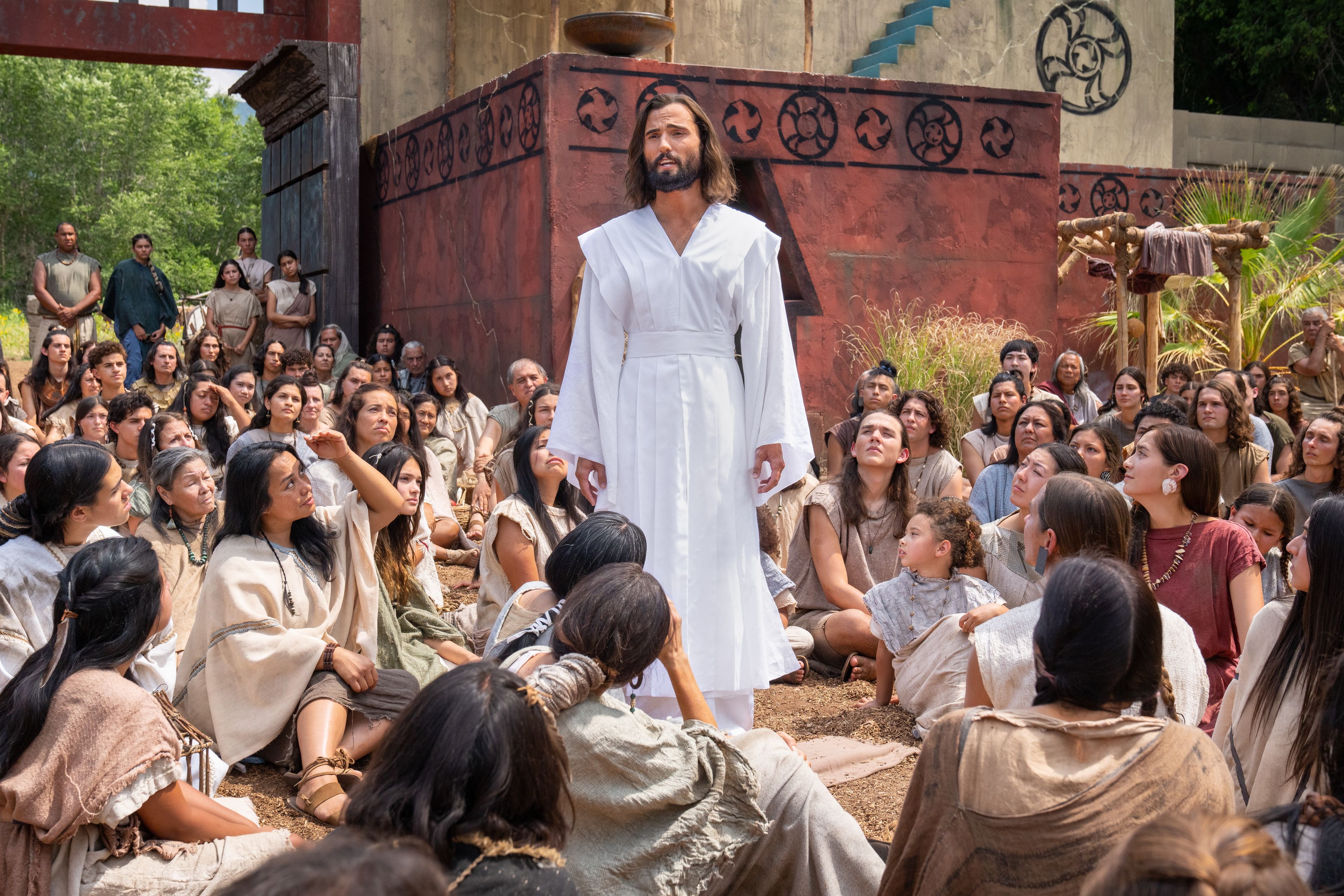 Jesus Christ teaches the higher law to Nephites outside of the Bountiful Temple.