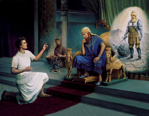 A painting by Grant Romney Clawson showing David kneeling before King Nebuchadnezzar on his throne, interpreting the figure from his dream.