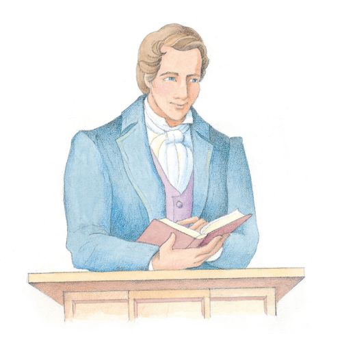 A watercolor illustration of Joseph Smith in a blue overcoat, standing at a podium, holding a book in his hand, and pointing to a page.